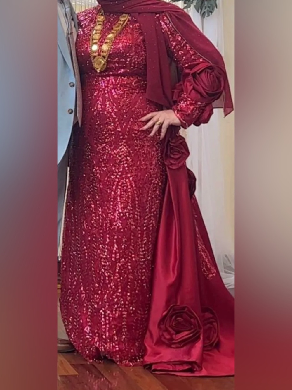 Elegant Red Sequin Evening Gown - Women Dresses